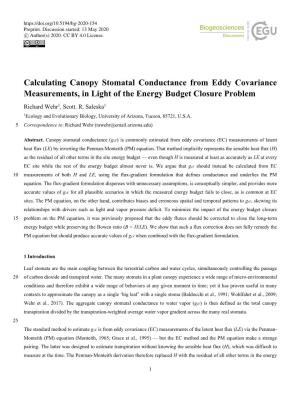 Calculating Canopy Stomatal Conductance from Eddy Covariance Measurements, in Light of the Energy Budget Closure Problem Richard Wehr1, Scott