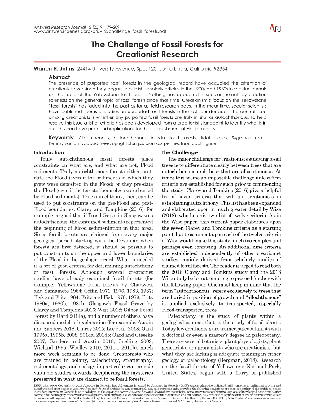 The Challenge of Fossil Forests for Creationist Research