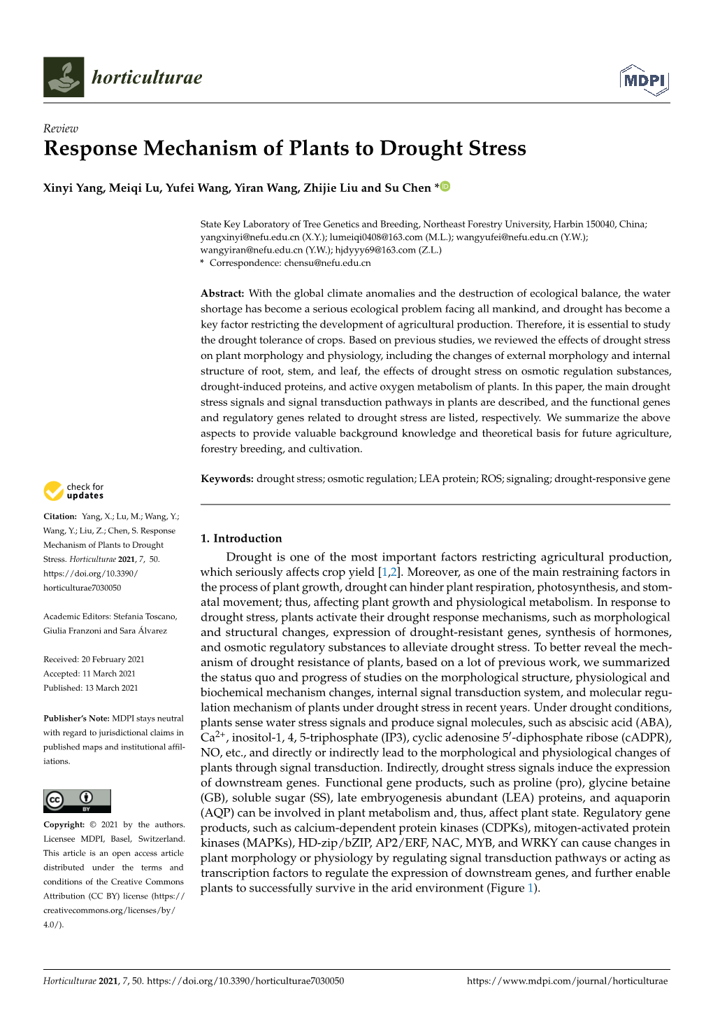 Response Mechanism of Plants to Drought Stress