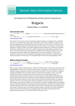 Annotated List of Wetlands of International Importance Bulgaria