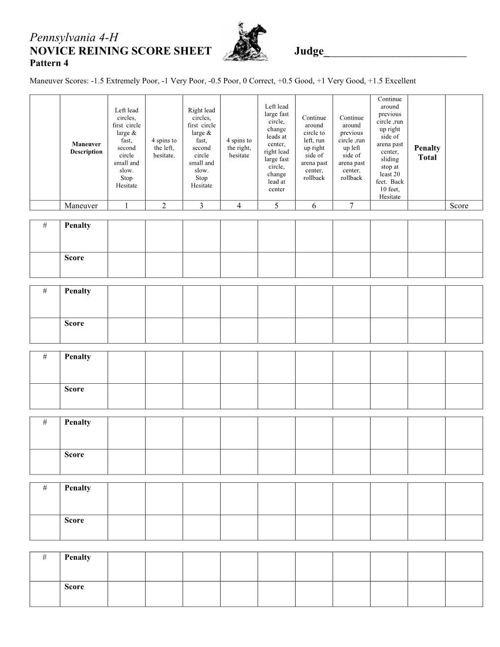 Novice Reining Pattern 4 Score Sheet DocsLib