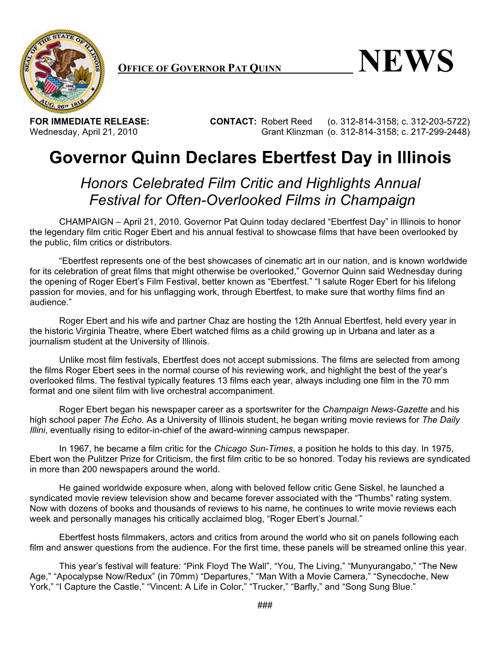 Governor Quinn Declares Ebertfest Day in Illinois