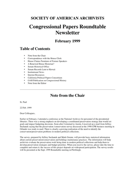 Congressional Papers Roundtable Newsletter February 1999 Table of Contents