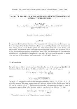 Values of the Euler and Carmichael Functions Which Are Sums of Three Squares