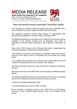 MEDIA RELEASE NEWS from the UNIVERSITY of TASMANIA DATE: THURSDAY 23 FEBRUARY 2012 ATTENTION: Chiefs of Staff, News Directors