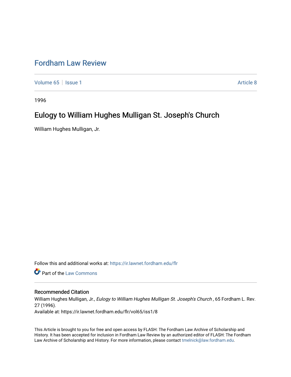 Eulogy to William Hughes Mulligan St. Joseph's Church
