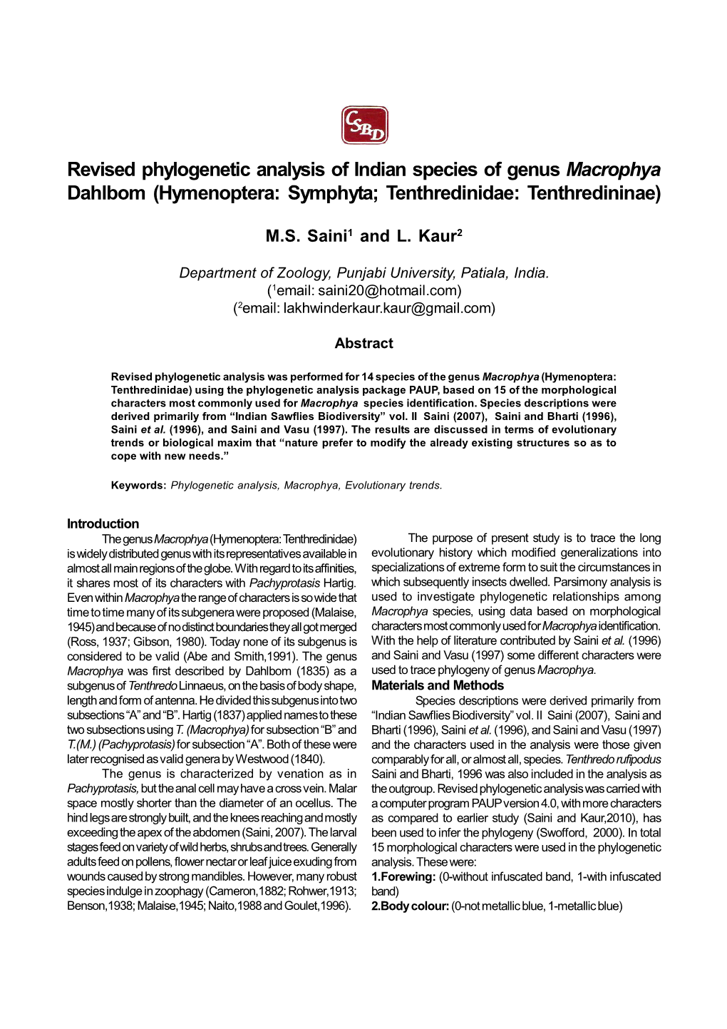 Revised Phylogenetic Analysis of Indian Species of Genus Macrophya Dahlbom (Hymenoptera: Symphyta; Tenthredinidae: Tenthredininae)