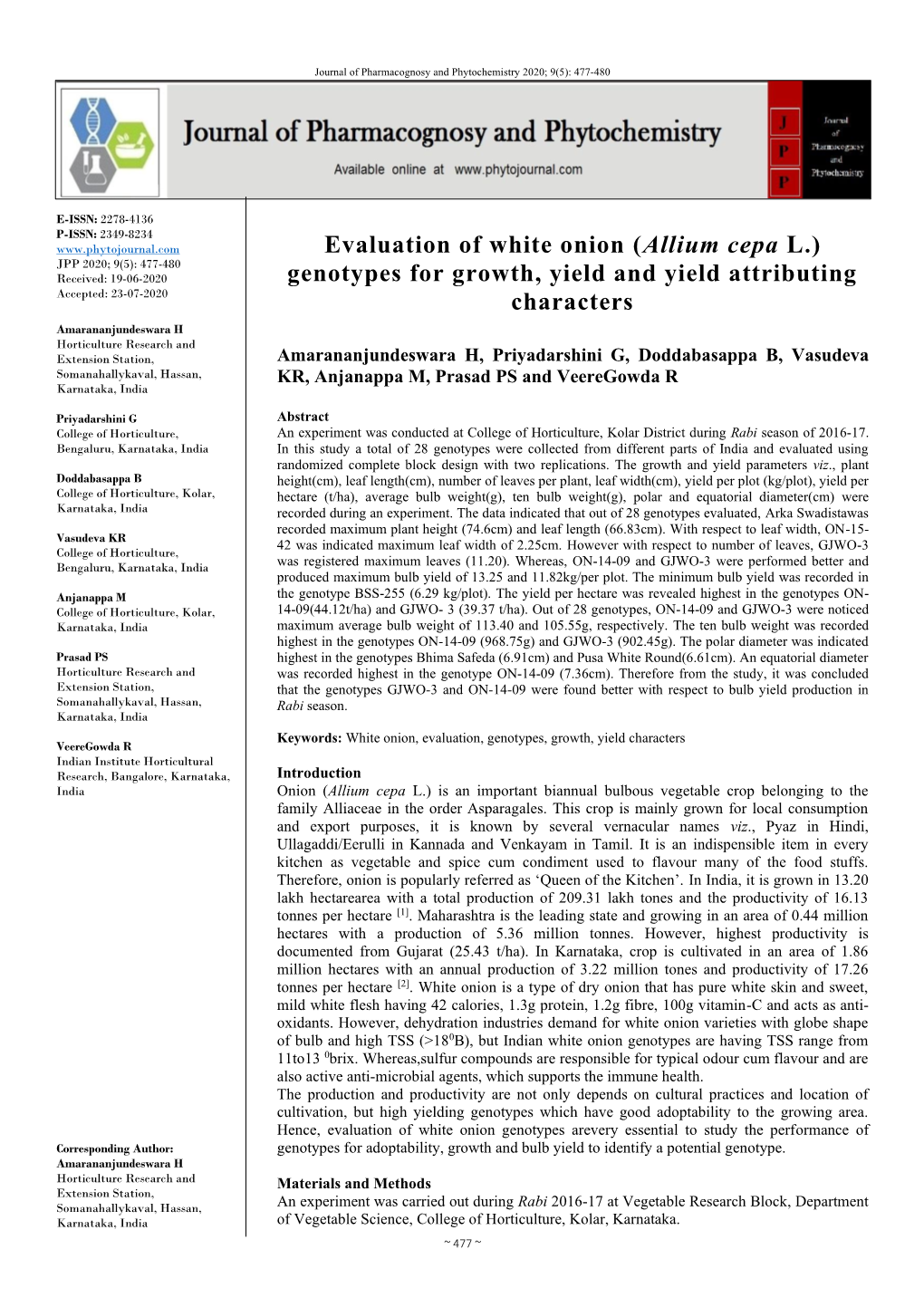 Evaluation of White Onion (Allium Cepa L.) Genotypes for Growth, Yield And