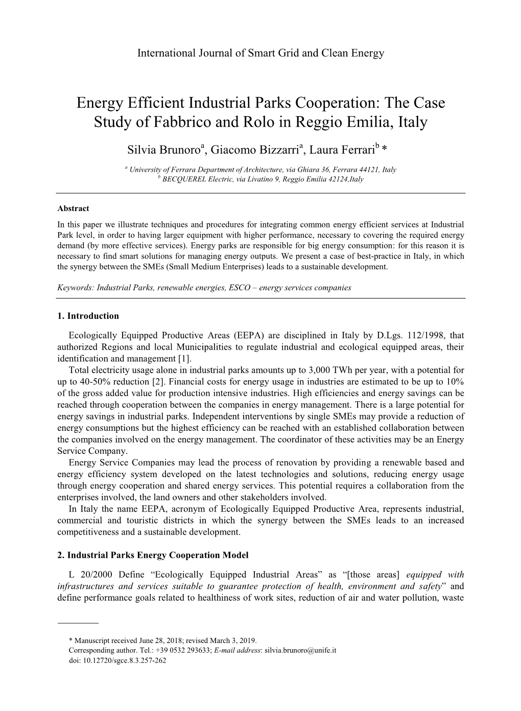 Energy Efficient Industrial Parks Cooperation: the Case Study of Fabbrico and Rolo in Reggio Emilia, Italy