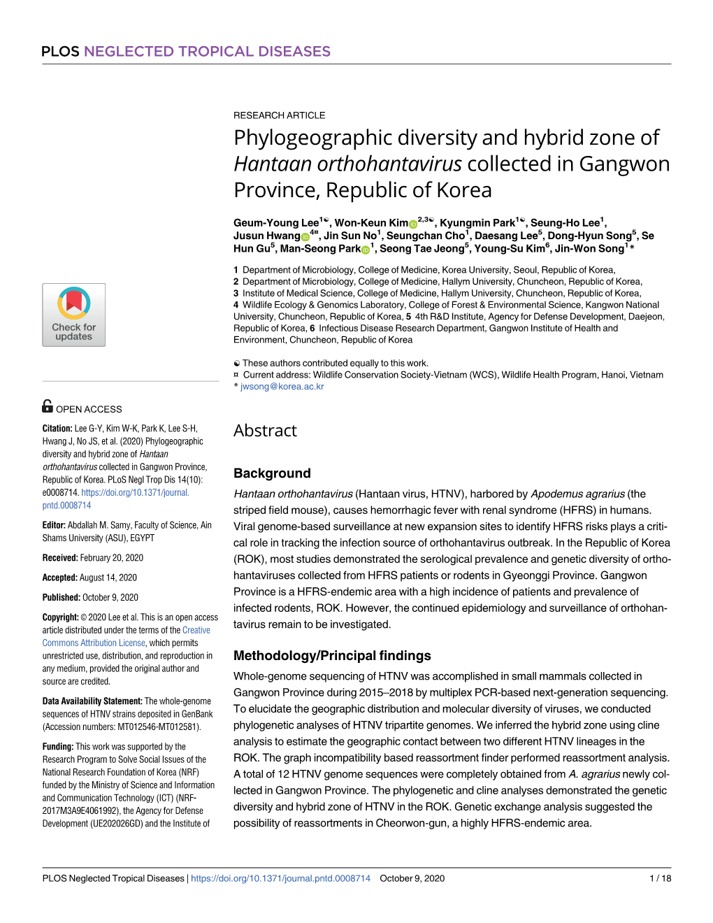 Phylogeographic Diversity and Hybrid Zone of Hantaan Orthohantavirus Collected in Gangwon Province, Republic of Korea