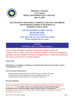MEETING AGENDA City Council REGULAR SESSION CITY COUNCIL July 14, 2020