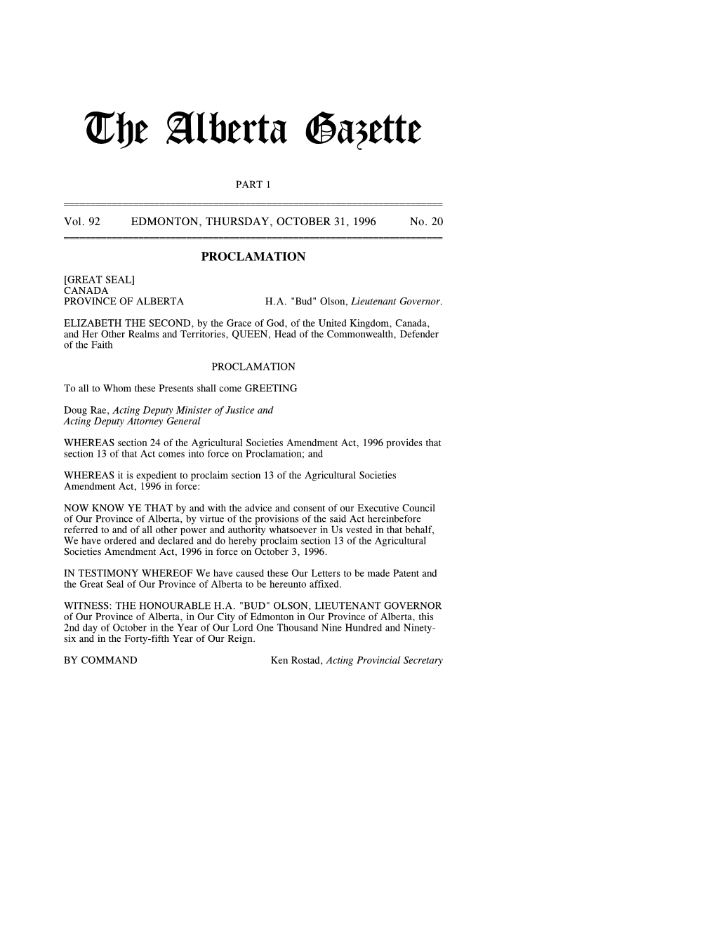 The Alberta Gazette, Part I, October 31, 1996