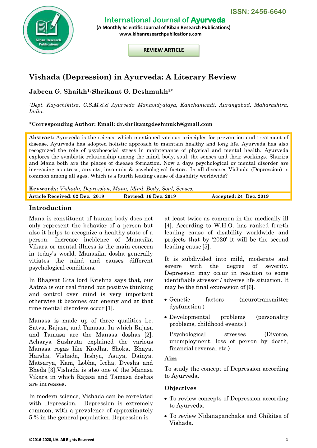 International Journal of Ayurveda Vishada (Depression)