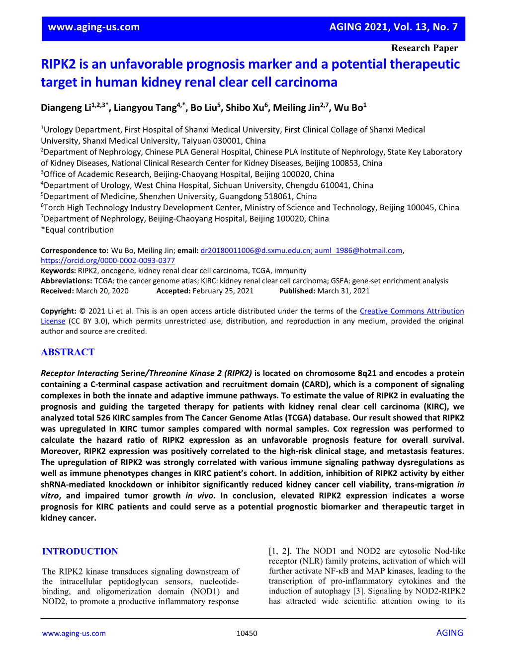 RIPK2 Is an Unfavorable Prognosis Marker and a Potential Therapeutic Target in Human Kidney Renal Clear Cell Carcinoma