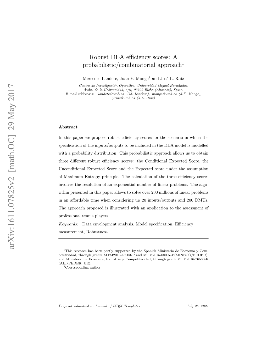 Robust DEA Efficiency Scores: a Probabilistic/Combinatorial Approach