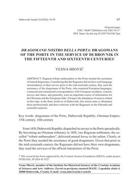 Dragomans of the Porte in the Service of Dubrovnik in the Fifteenth and Sixteenth Centuries*
