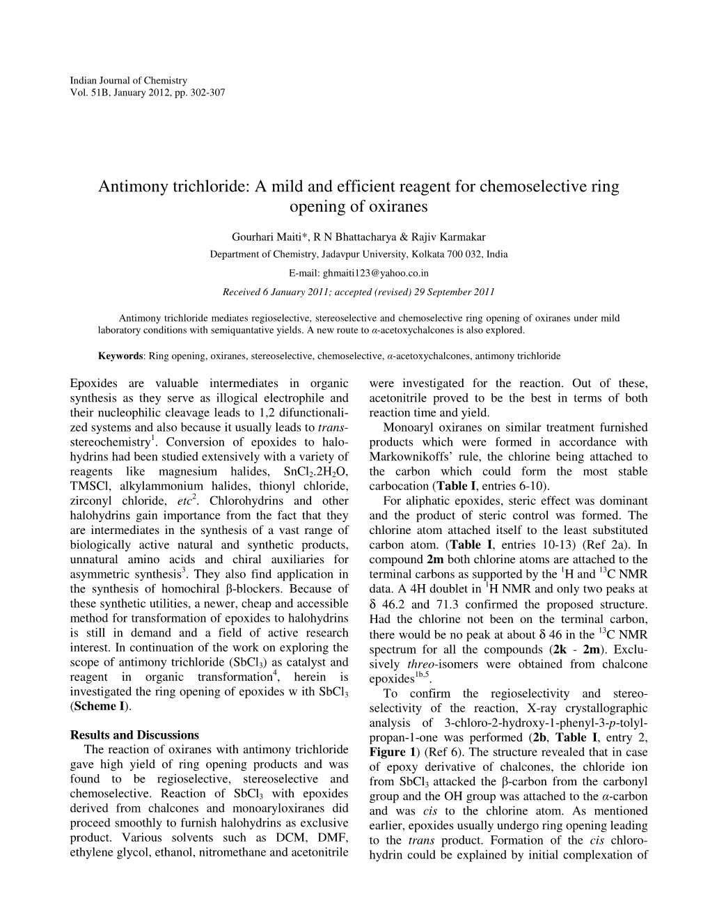 Antimony Trichloride: a Mild and Efficient Reagent for Chemoselective Ring Opening of Oxiranes