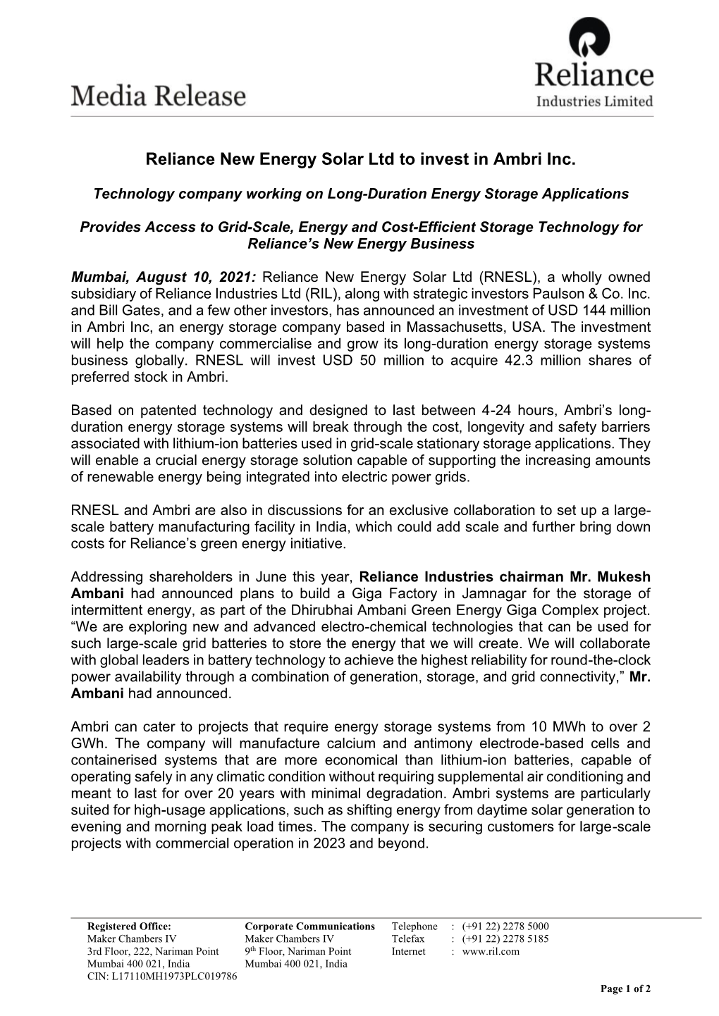 Reliance New Energy Solar Ltd to Invest in Ambri Inc