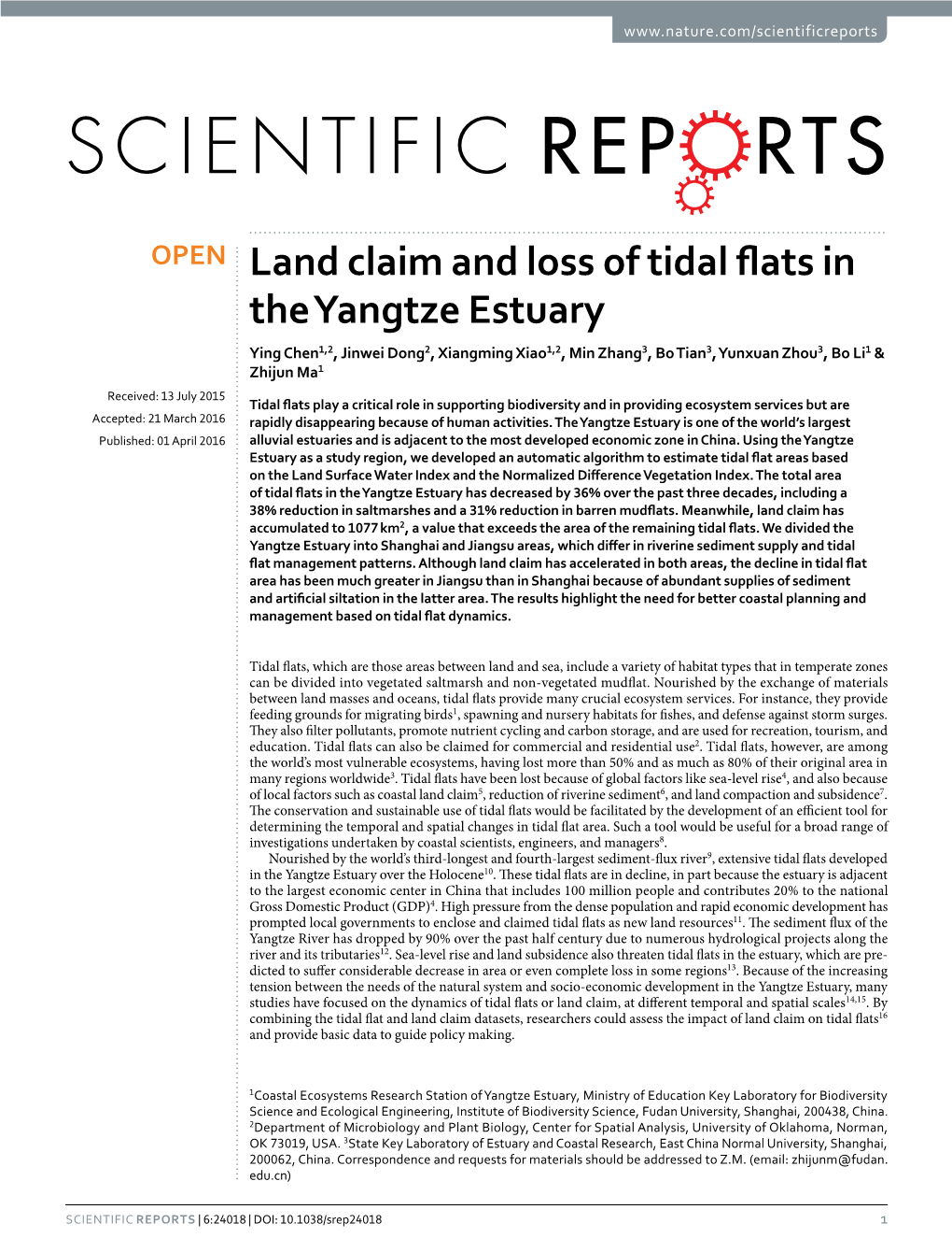 Land Claim and Loss of Tidal Flats in the Yangtze Estuary