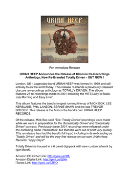 For Immediate Release URIAH HEEP Announces the Release of Obscure
