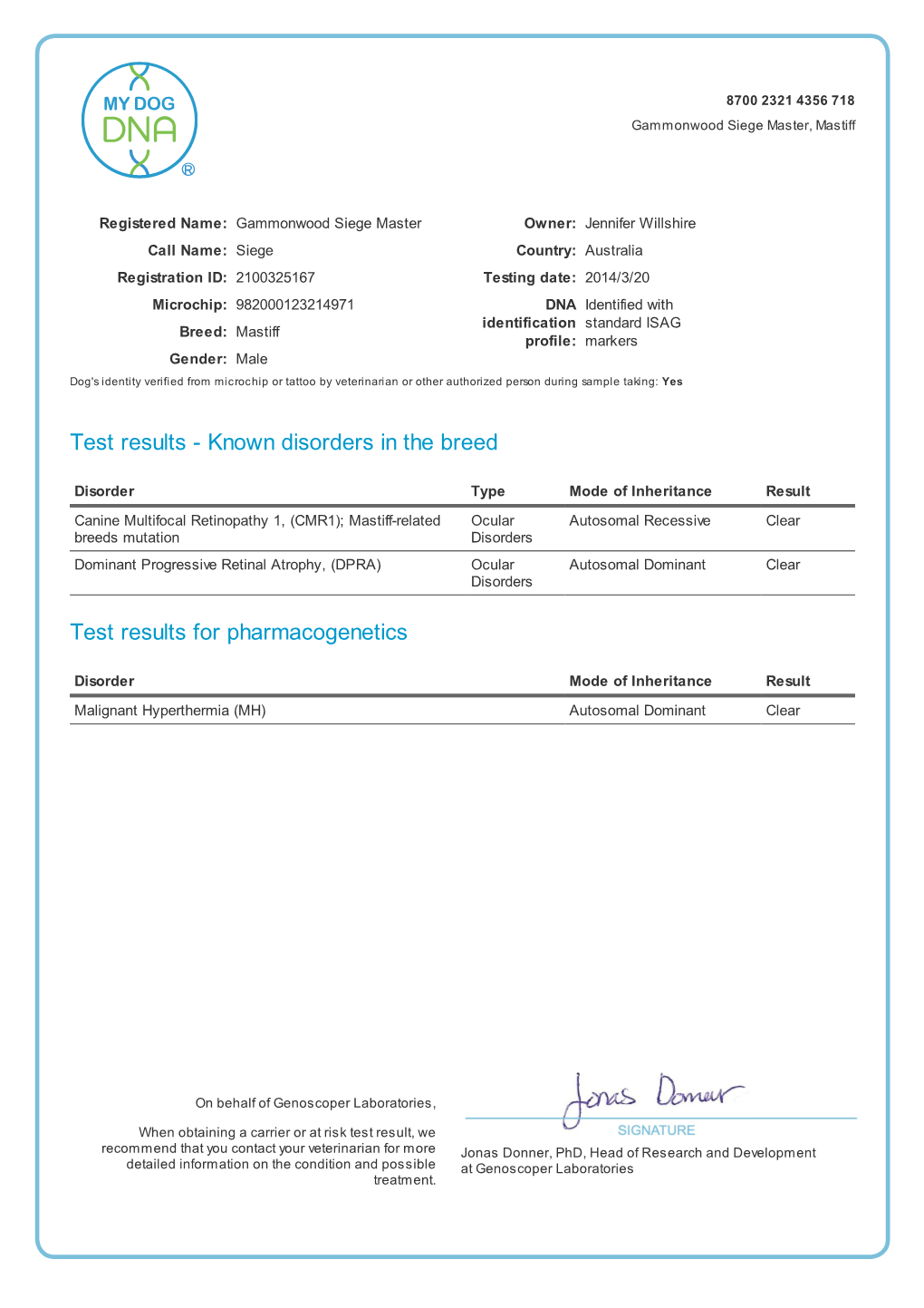 Health Testing DNA Report Siege