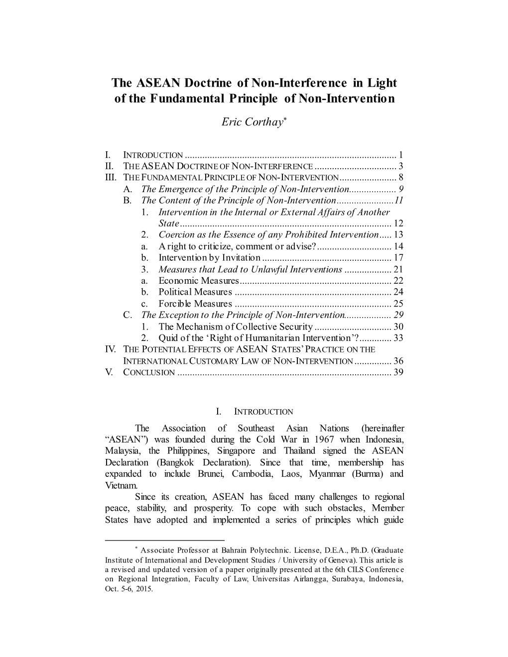 The ASEAN Doctrine of Non-Interference in Light of the Fundamental Principle of Non-Intervention Eric Corthay*