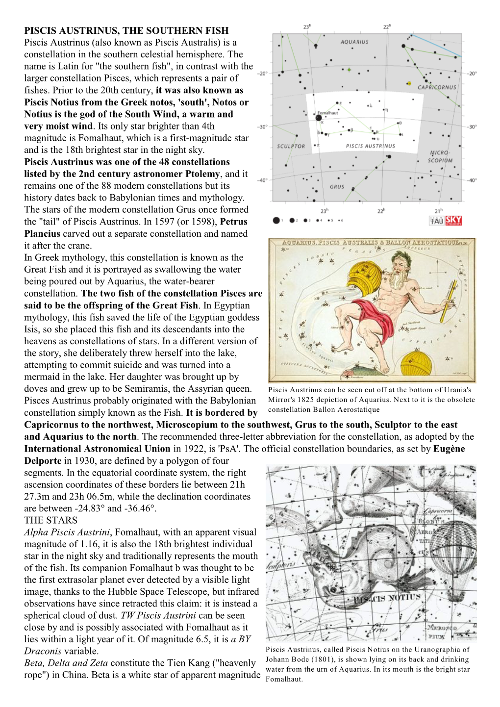 PISCIS AUSTRINUS, the SOUTHERN FISH Piscis Austrinus (Also Known As Piscis Australis) Is a Constellation in the Southern Celestial Hemisphere