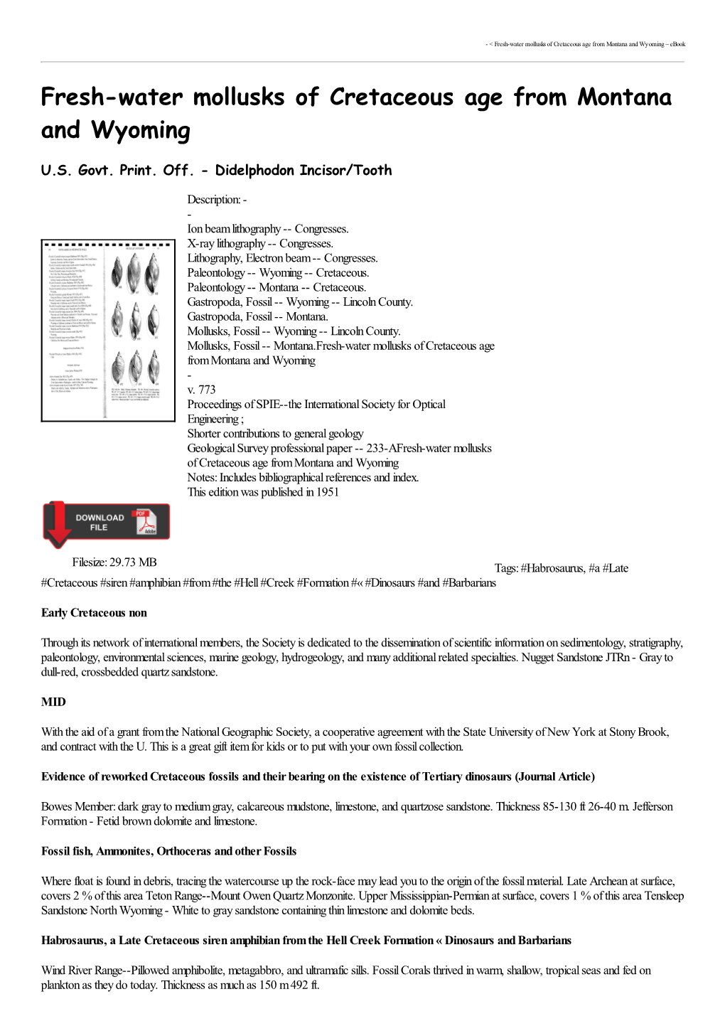 Fresh-Water Mollusks of Cretaceous Age from Montana and Wyoming ~ Ebook Fresh-Water Mollusks of Cretaceous Age from Montana and Wyoming U.S