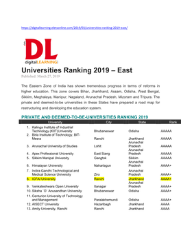 Universities Ranking 2019 – East Published: March 27, 2019