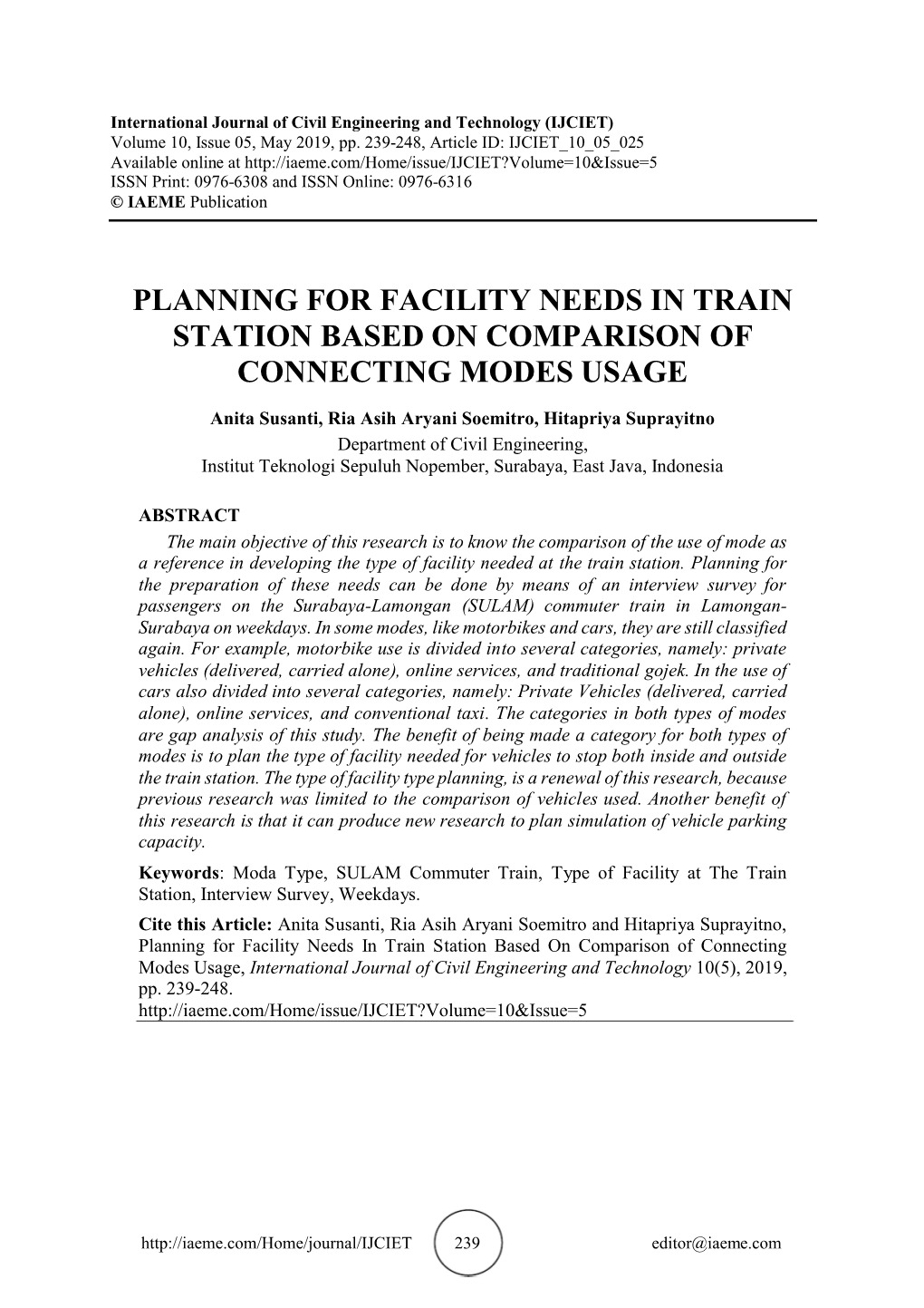 Planning for Facility Needs in Train Station Based on Comparison of Connecting Modes Usage