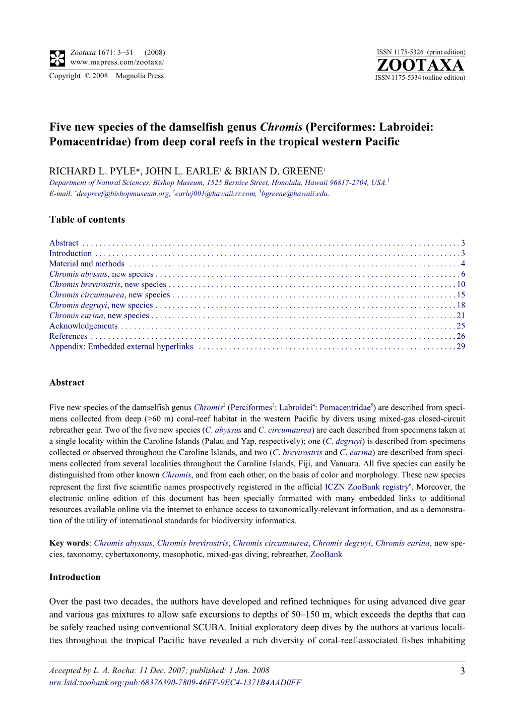 Zootaxa Pisces: Five New Species of the Damselfish Genus Chromis