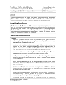 Twin Rivers Unified School District Position Description Position: Maintenance Specialist III - Plumber Salary Grade: 118