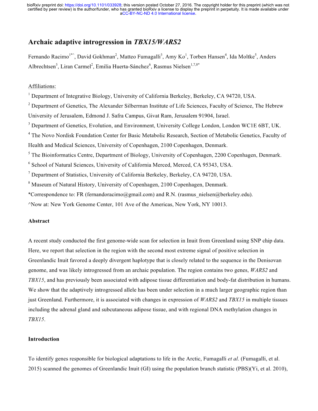 Archaic Adaptive Introgression in TBX15/WARS2