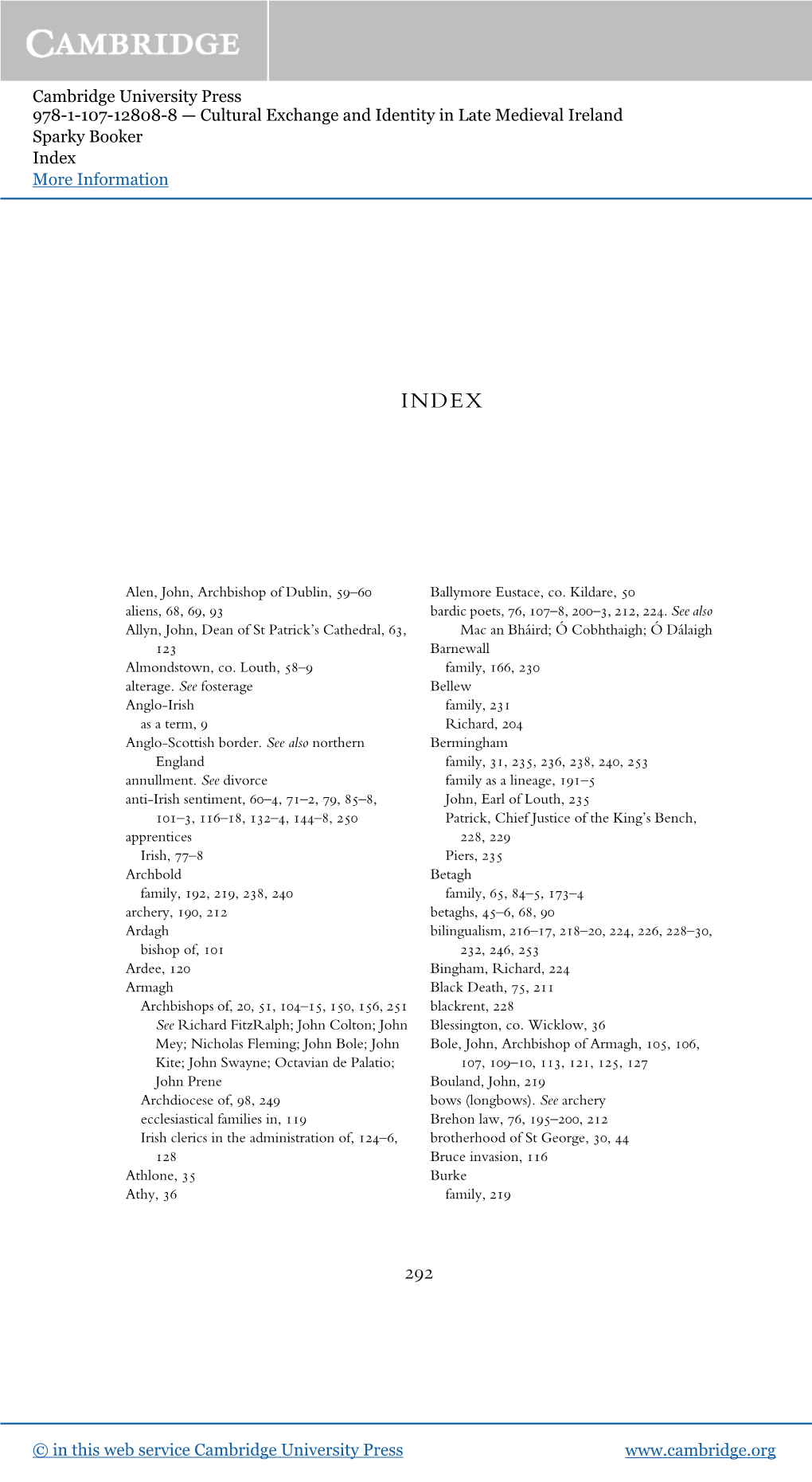 Cambridge University Press 978-1-107-12808-8 — Cultural Exchange and Identity in Late Medieval Ireland Sparky Booker Index More Information