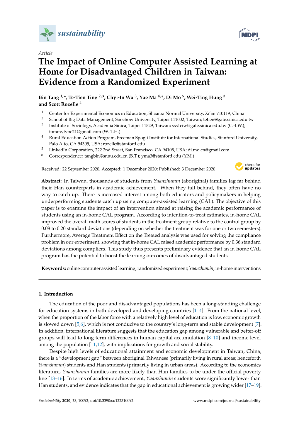 The Impact of Online Computer Assisted Learning at Home for Disadvantaged Children in Taiwan: Evidence from a Randomized Experiment
