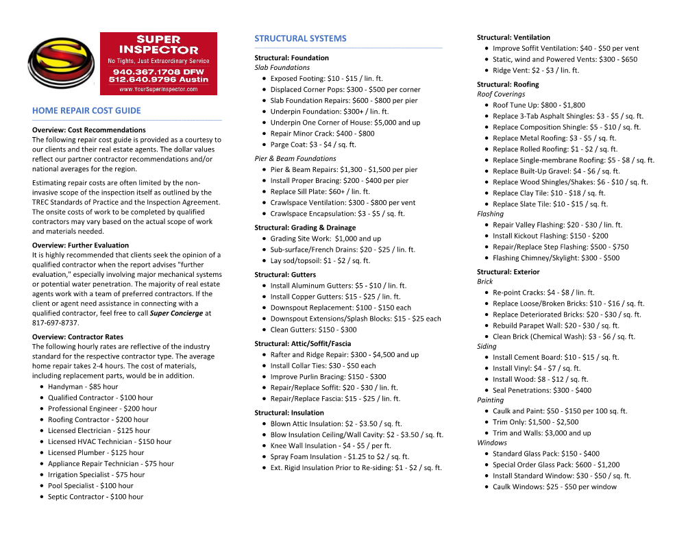 Home Repair Cost Guide Structural Systems