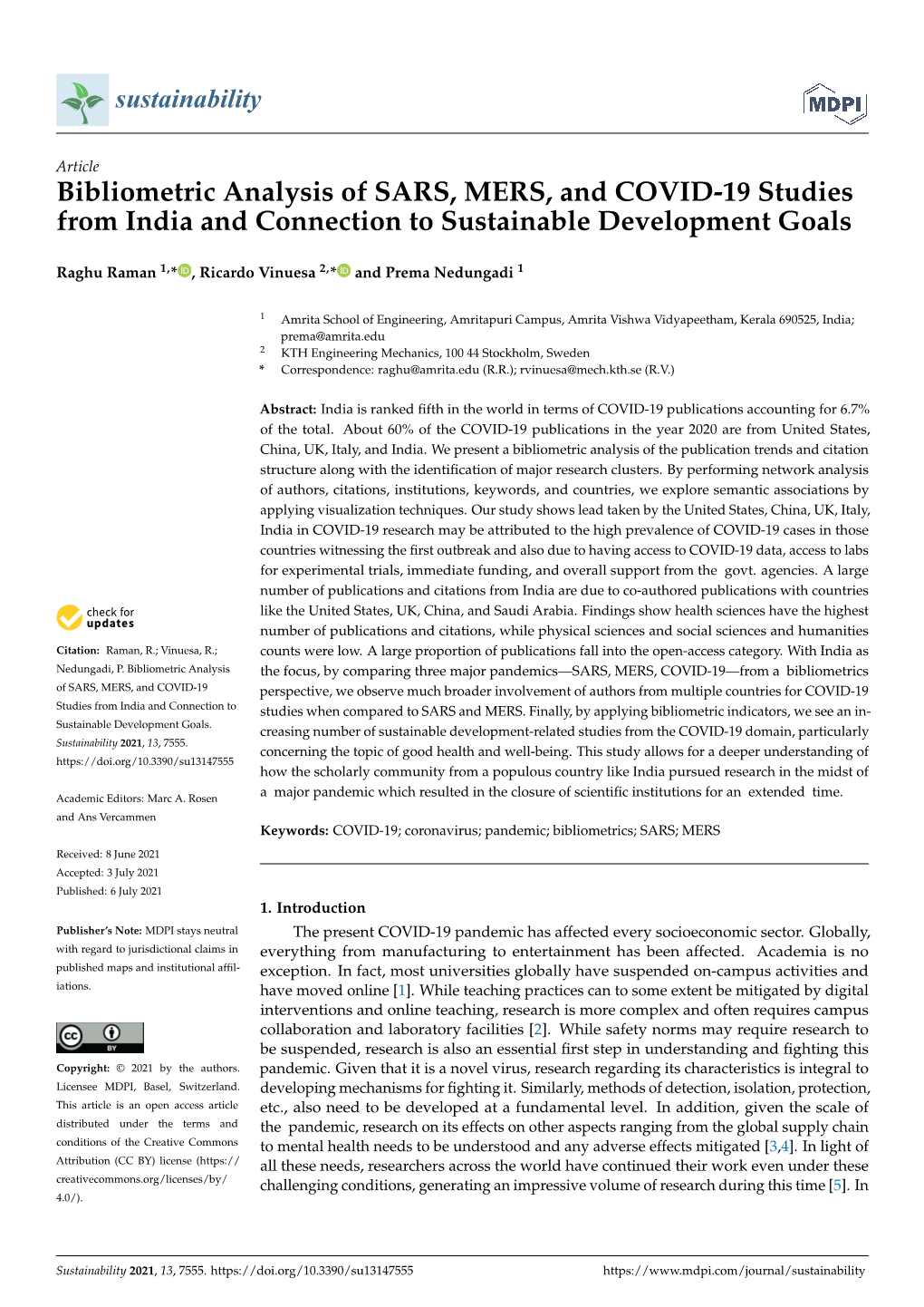 Bibliometric Analysis of SARS, MERS, and COVID-19 Studies from India and Connection to Sustainable Development Goals