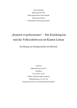 Der Erziehungsrat Und Das Volksschulwesen Im Kanton Léman