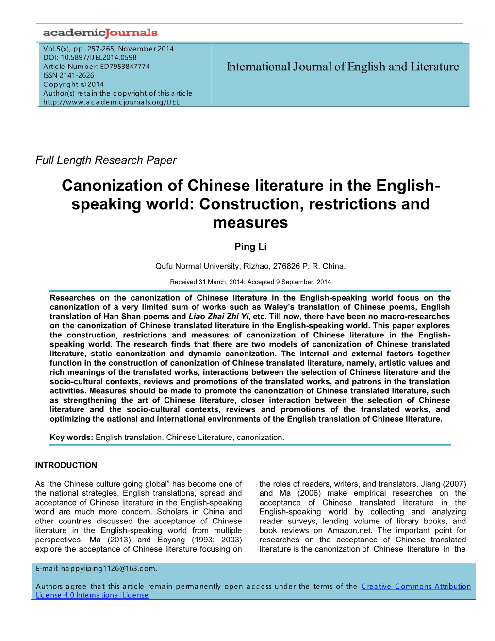 Canonization of Chinese Literature in the English- Speaking World: Construction, Restrictions and Measures