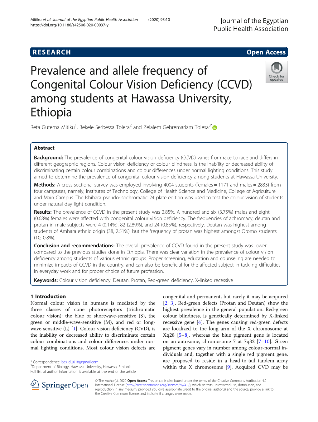 Prevalence and Allele Frequency of Congenital Colour Vision Deficiency