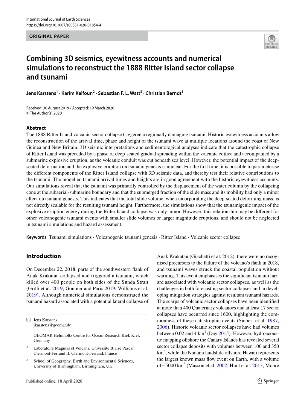 Combining 3D Seismics, Eyewitness Accounts and Numerical Simulations to Reconstruct the 1888 Ritter Island Sector Collapse and Tsunami