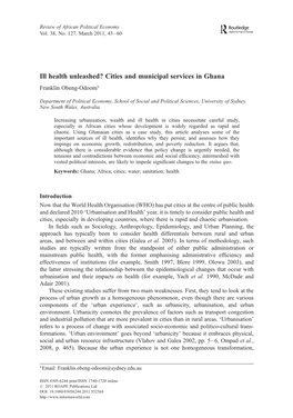 Ill Health Unleashed? Cities and Municipal Services in Ghana Franklin Obeng-Odoom∗