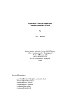 Three Recitals of Vocal Music by Luke T. Randall a Dissertation Submitted