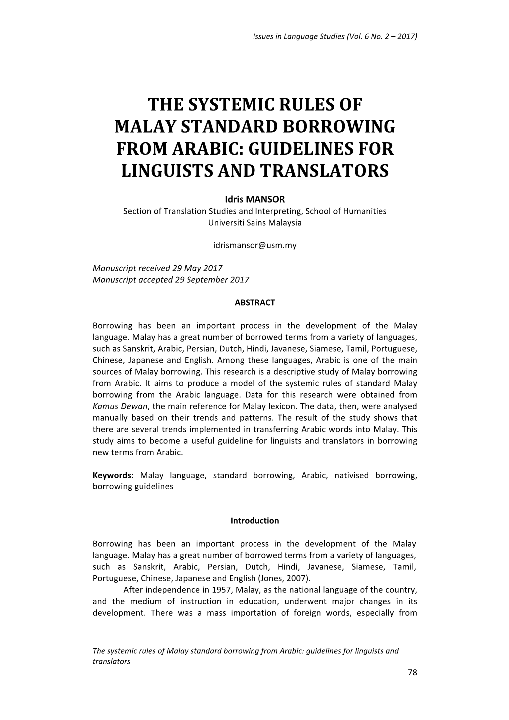 The Systemic Rules of Malay Standard Borrowing from Arabic: Guidelines for Linguists and Translators