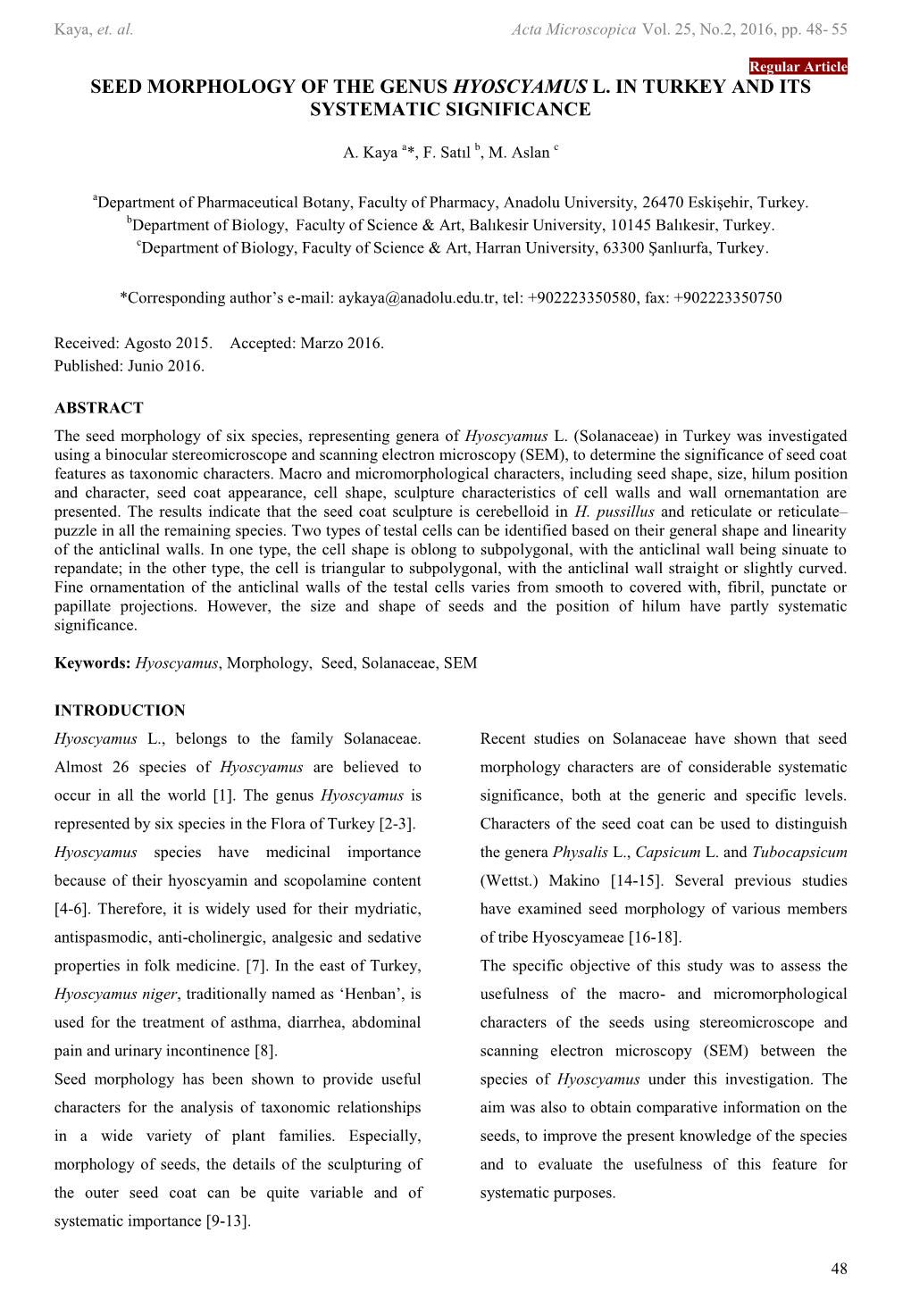 Seed Morphology of the Genus Hyoscyamus L. in Turkey and Its Systematic Significance