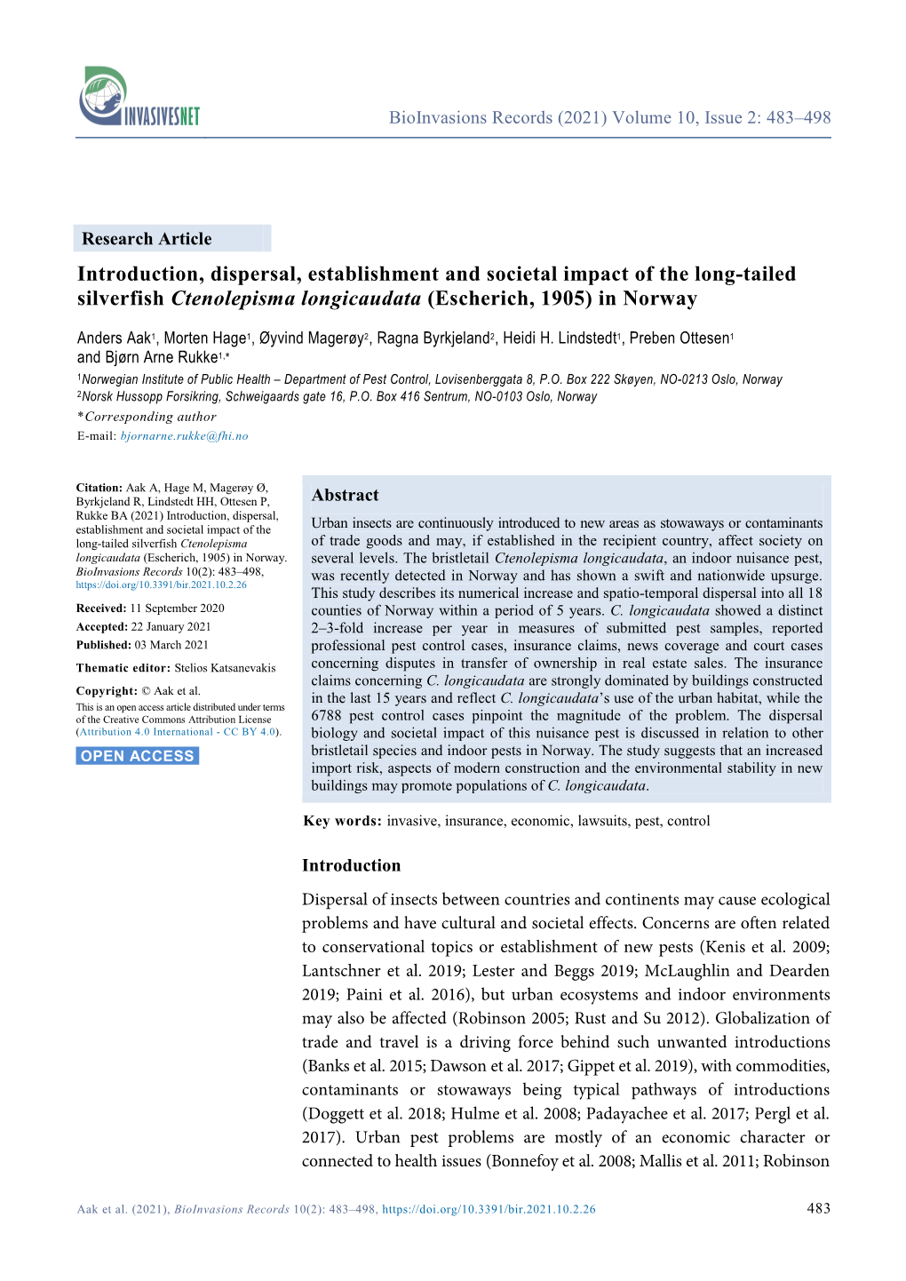 Introduction, Dispersal, Establishment and Societal Impact of the Long-Tailed Silverfish Ctenolepisma Longicaudata (Escherich, 1905) in Norway