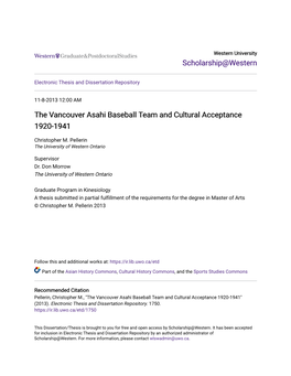 The Vancouver Asahi Baseball Team and Cultural Acceptance 1920-1941