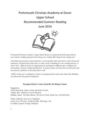 Portsmouth Christian Academy at Dover Upper School Recommended Summer Reading June 2014