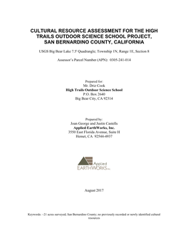 Cultural Resource Assessment for the High Trails Outdoor Science School Project, San Bernardino County, California