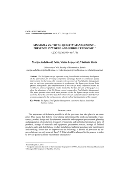 Six Sigma Vs. Total Quality Management – Presence in World and Serbian Economy  Udc 005.6(100+497.11)